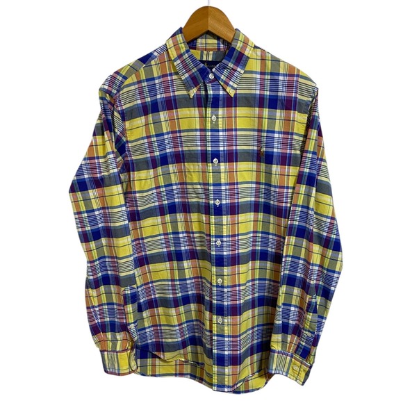 Ralph Lauren Checkered Plaid Yellow Blue Button Down Shirt Long Sleeve Preppy L - Picture 2 of 9